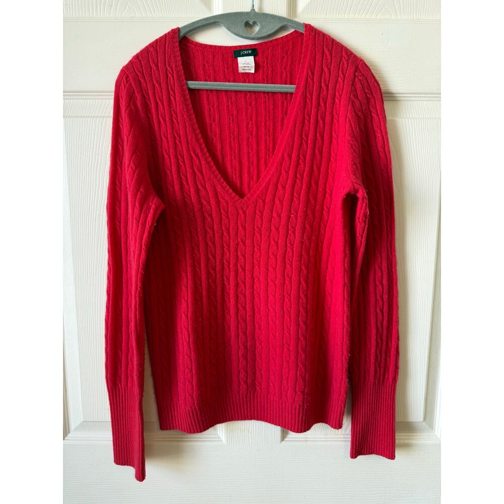 J.Crew Poppy Red Cable Knit Wool Cashmere Blend Deep V Sweater Womens M Preppy